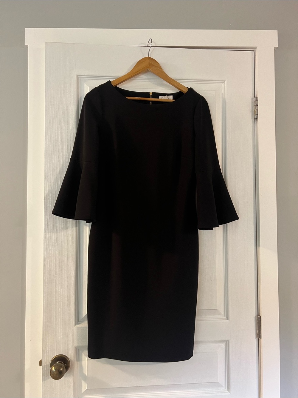 Calvin Klein Black Midi Sheath Corporate Work LBD Dress with Bell Sleeves